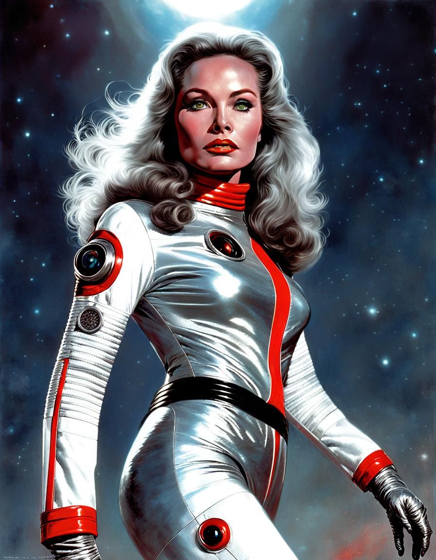 Retro Sci-Fi Vixen in Silver Spacesuit