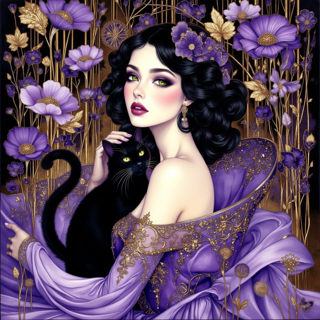 Baroque Portrait of Woman with Cat in Purple Tones