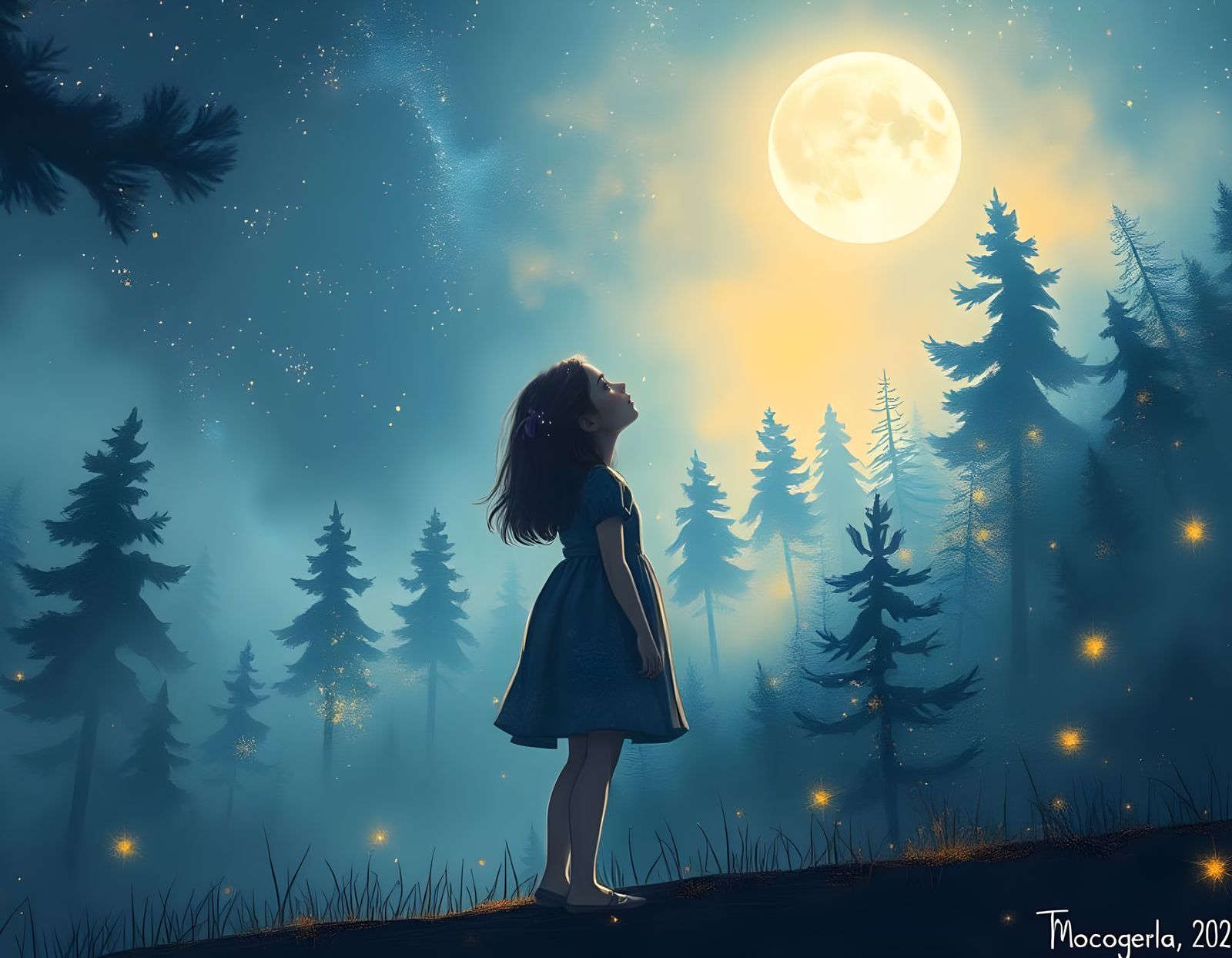 Serene Girl in Moonlit Glittery Forest