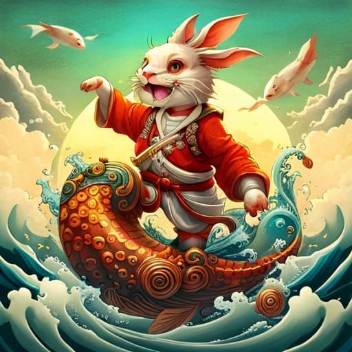 Rabbit Samurai on Koi Fish: Fantasycore Art