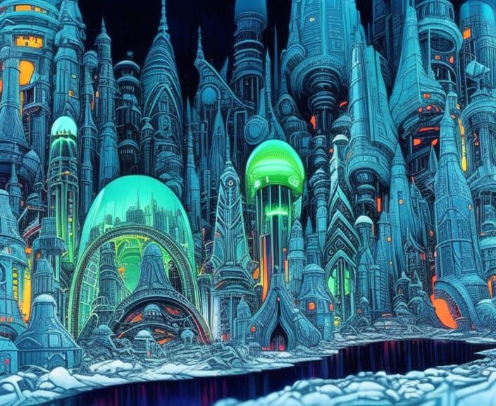 Detailed Aerial Shot on Strange Aquatic City Inspired by Moebius and Cyril Rolando III