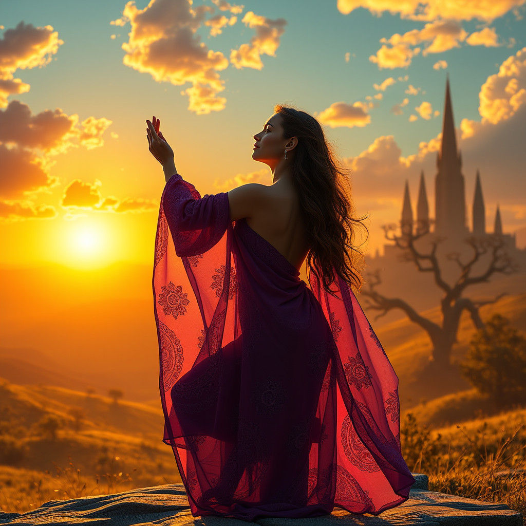 Woman in Yoga Pose at Fantasy Sunrise