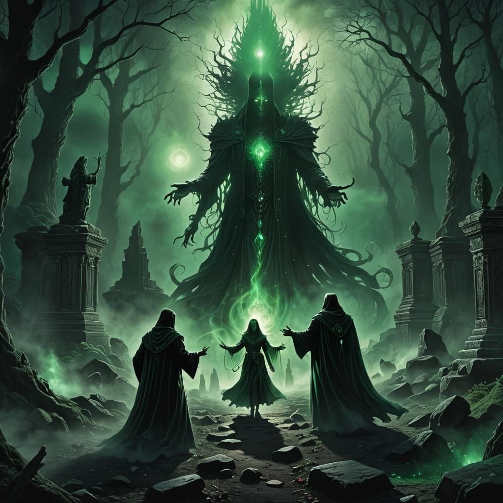 Lost Traveler Guided by Spectral Being in Dark Fantasy