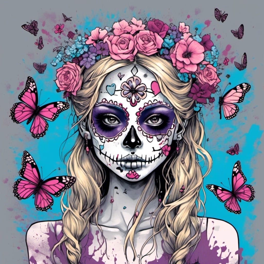 Zombie Girl with Sugar Skull Makeup Illustration