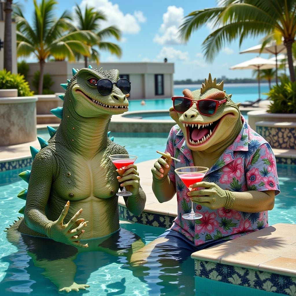 Godzilla and Basilisk Relax Poolside in Miami
