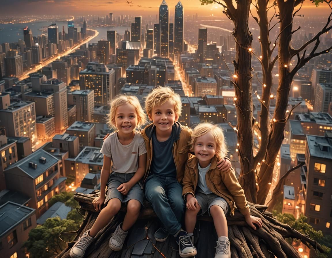 Children Watching City Lights at Sunset