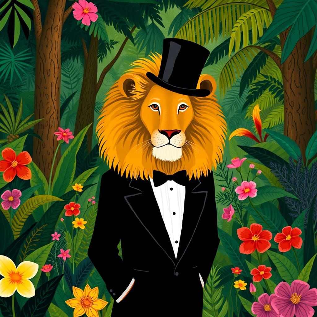 Whimsical Lion in Jungle, Henri Rousseau Style