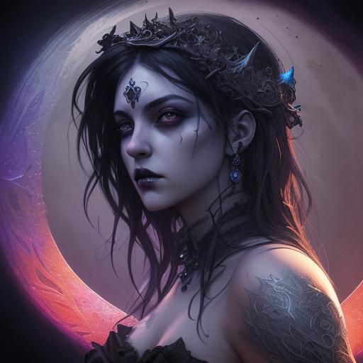 Gothic Moon Goddess in Hyperrealistic Splash Art