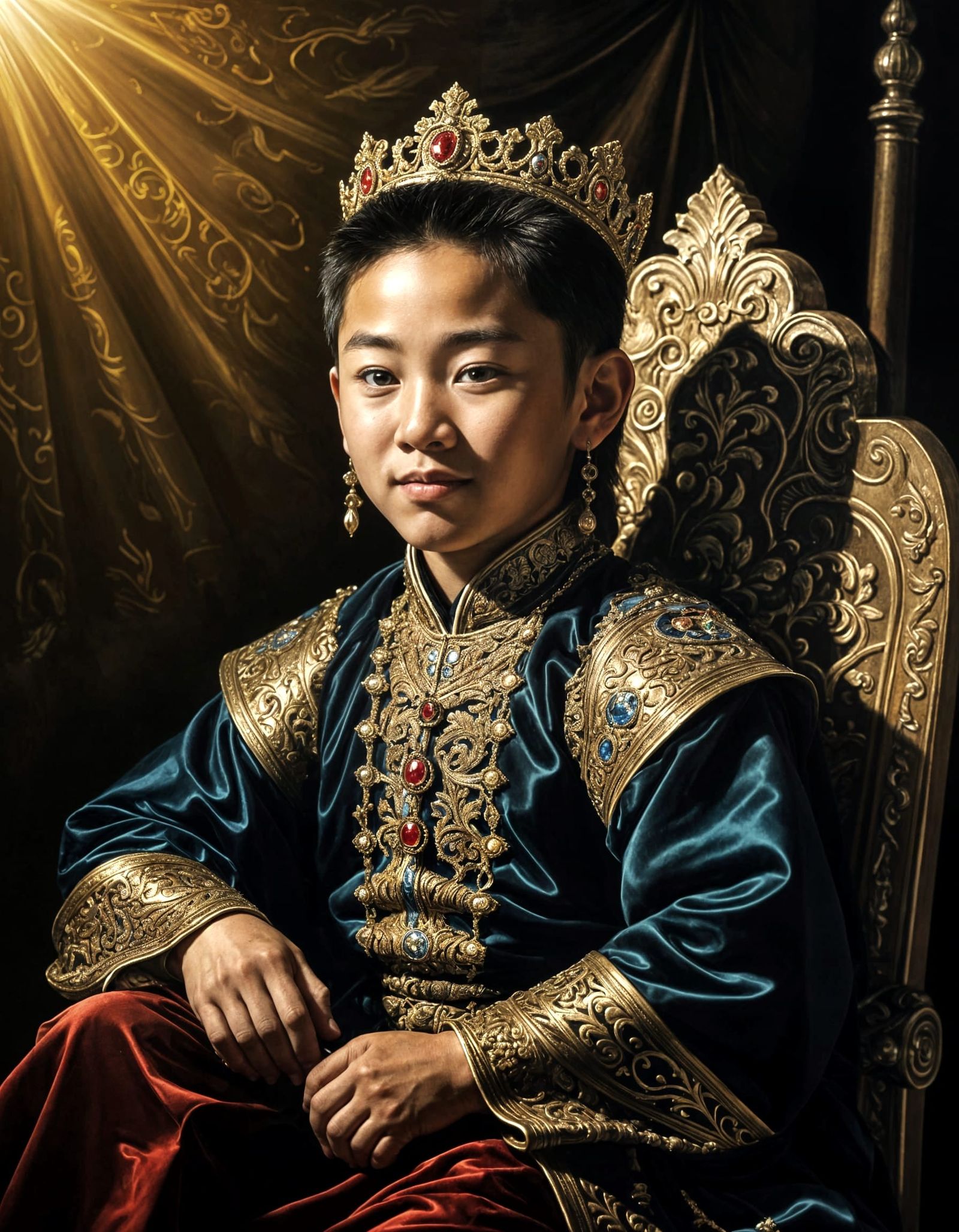 Renaissance Prince Smiles in Lavish Mongolian Throne Room