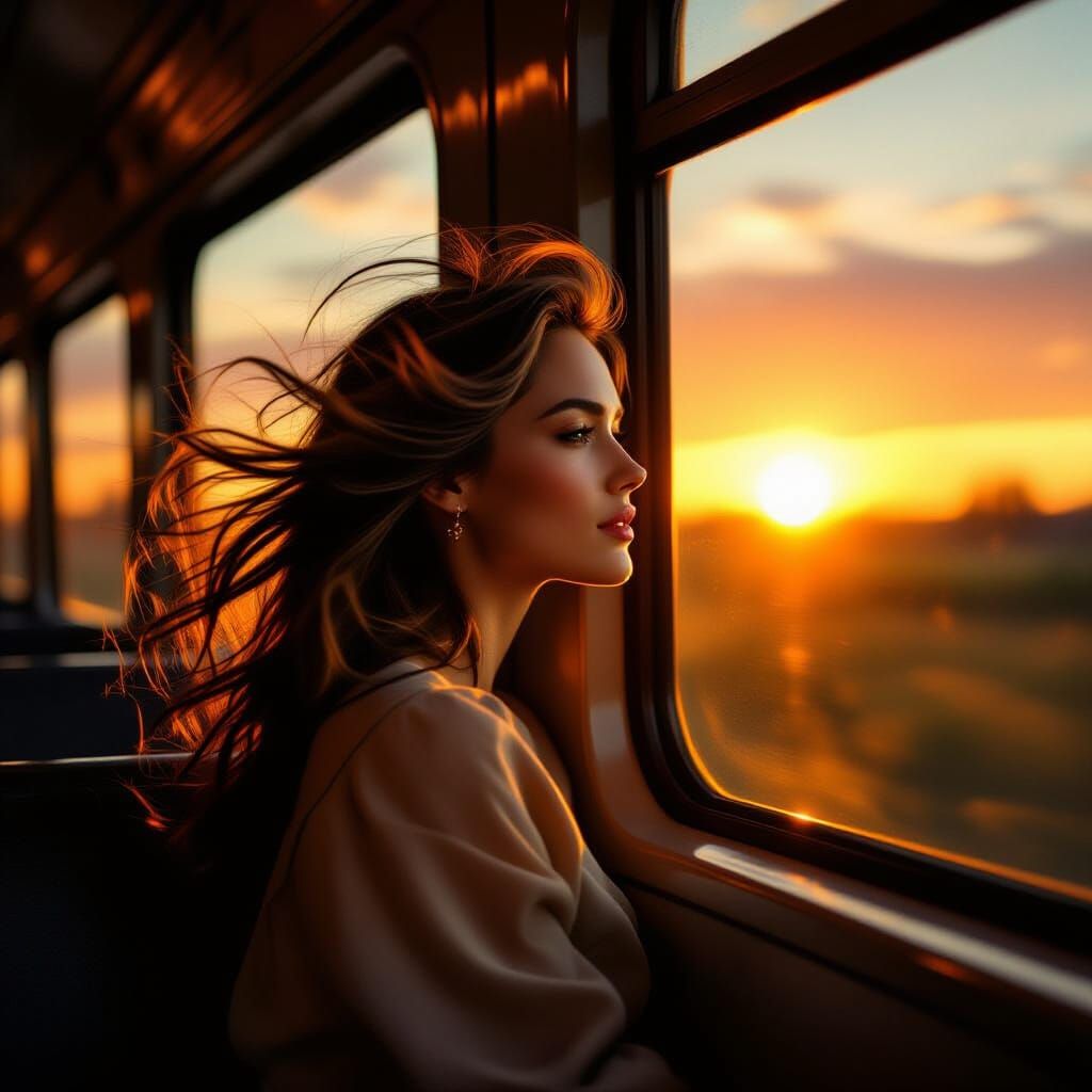 Woman Gazes From Train Window at Sunset, Impressionistic Oil...