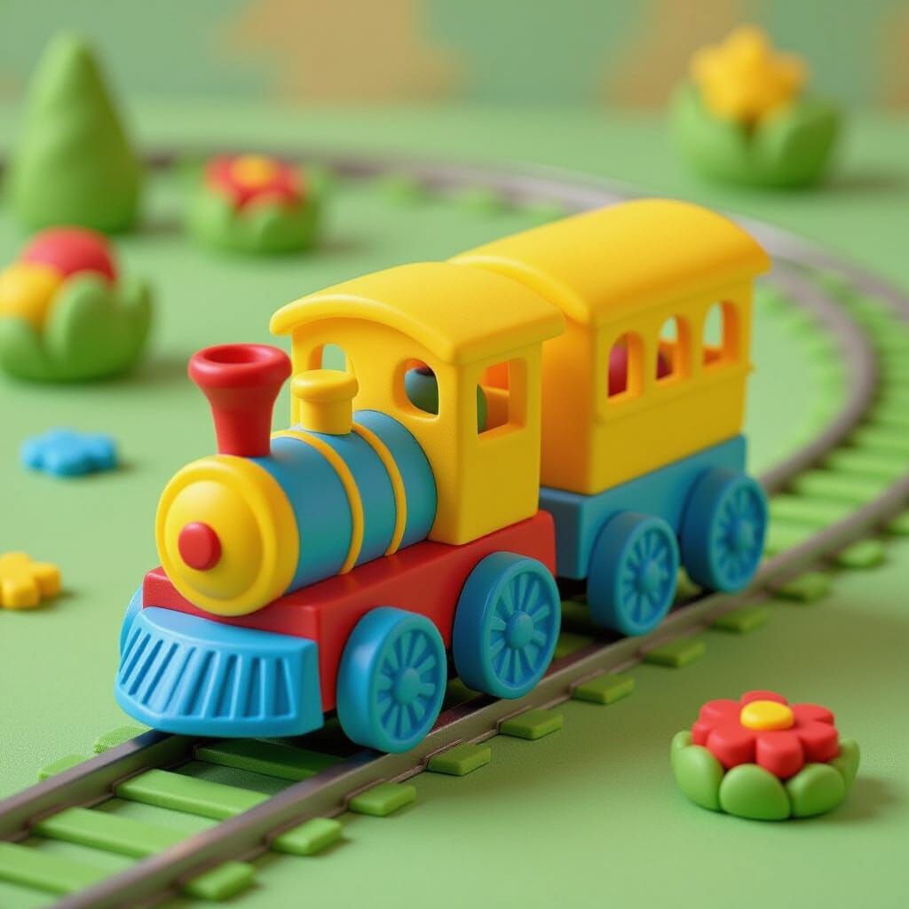 Colorful Playdough Train on Green Tracks