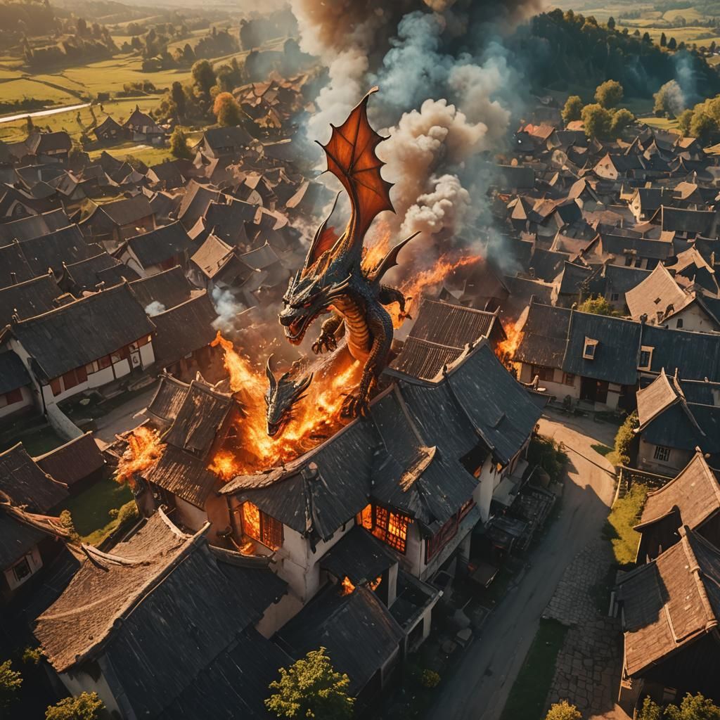 Dragon Firestorm Over Village: Cinematic Aerial View