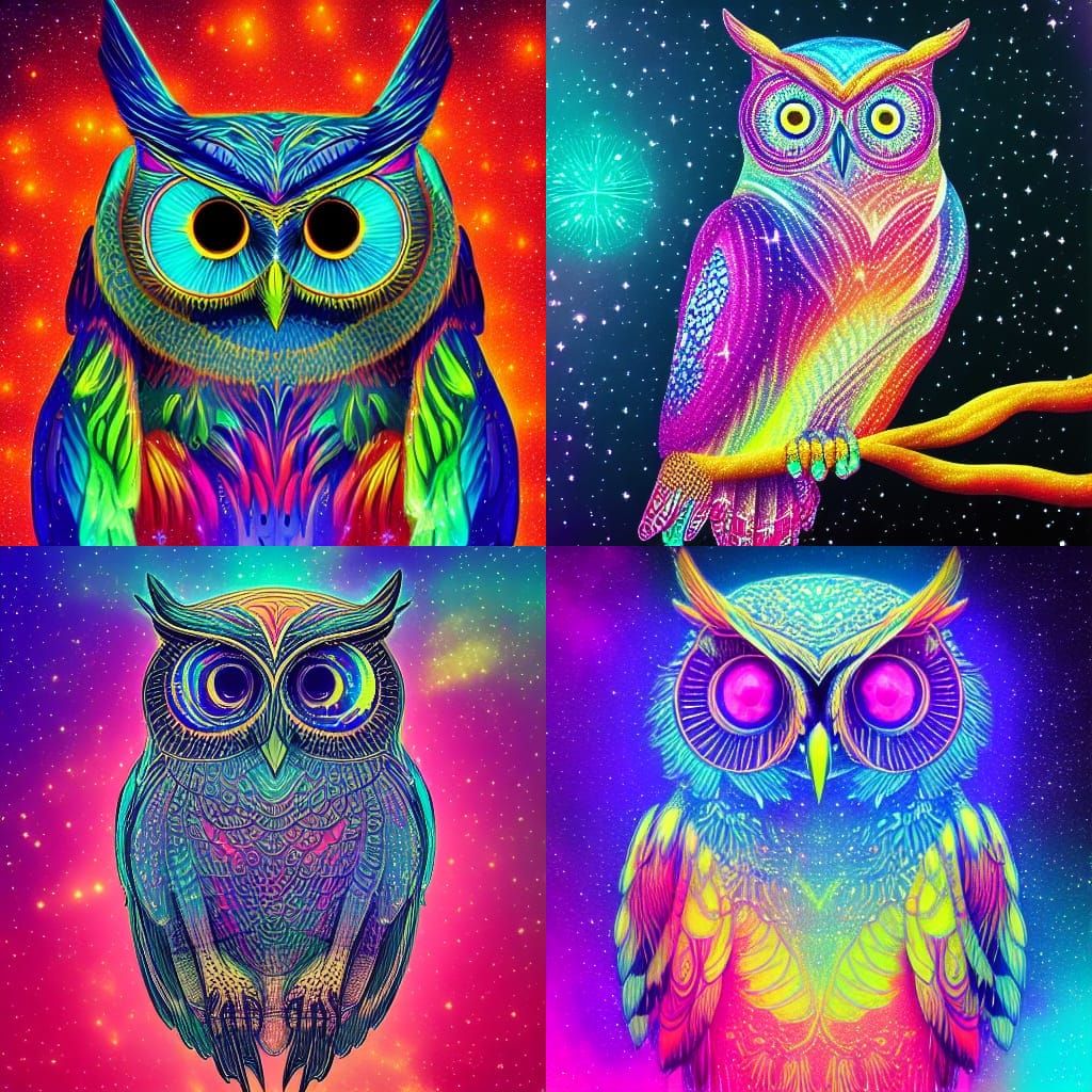 Celestial Owl in Starry Sky: Holographic Astral Illustration