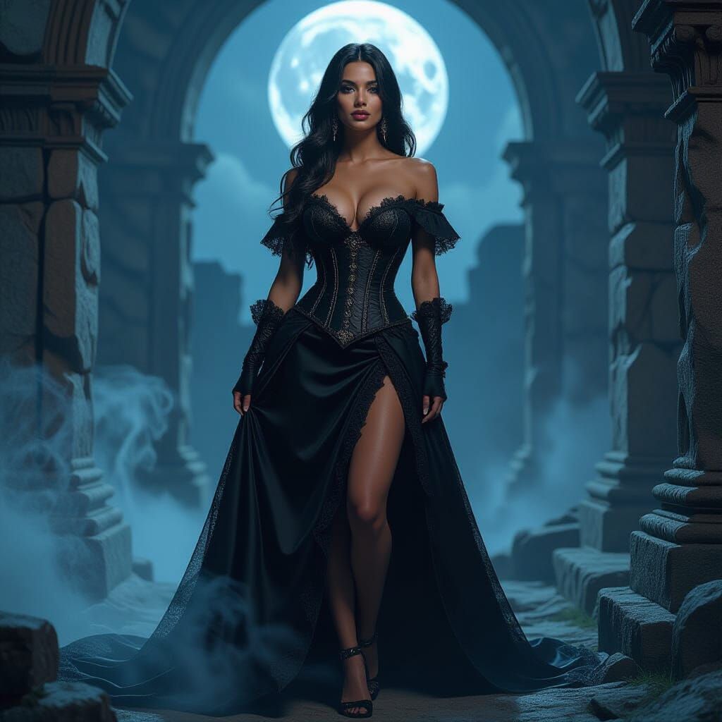 Regal Latina Woman in Moonlit Ancient Ruins