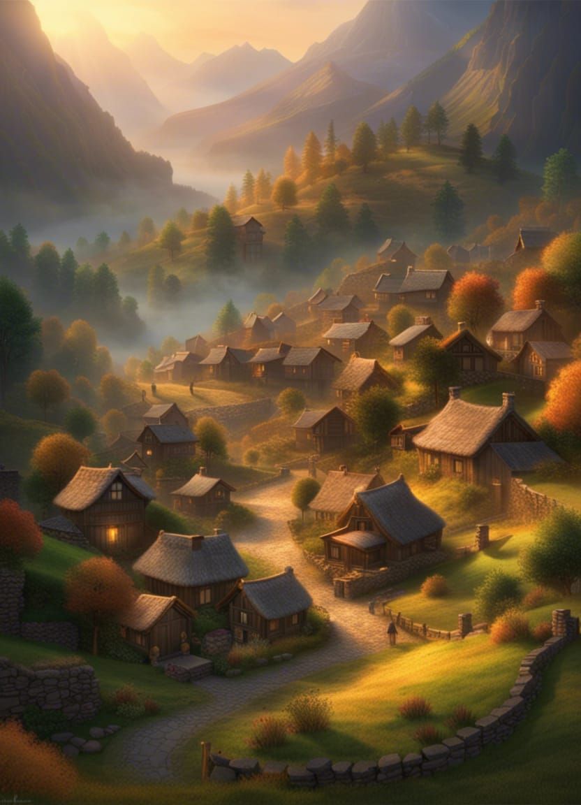 Hobbit-Inspired Mountain Village at Sunrise