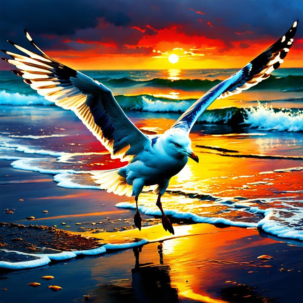 Seagull Lands at Sunset: Matte Painting Style