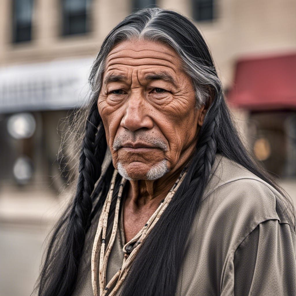 Lakota Man with Braids in Pine Ridge, 2023