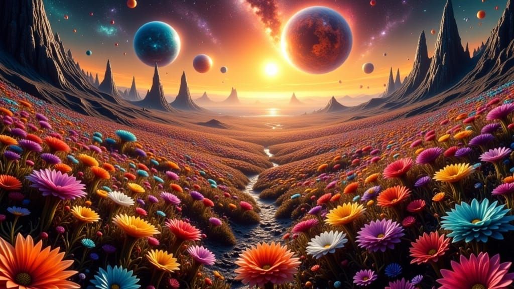 Exotic Alien Flower Field with Two Suns
