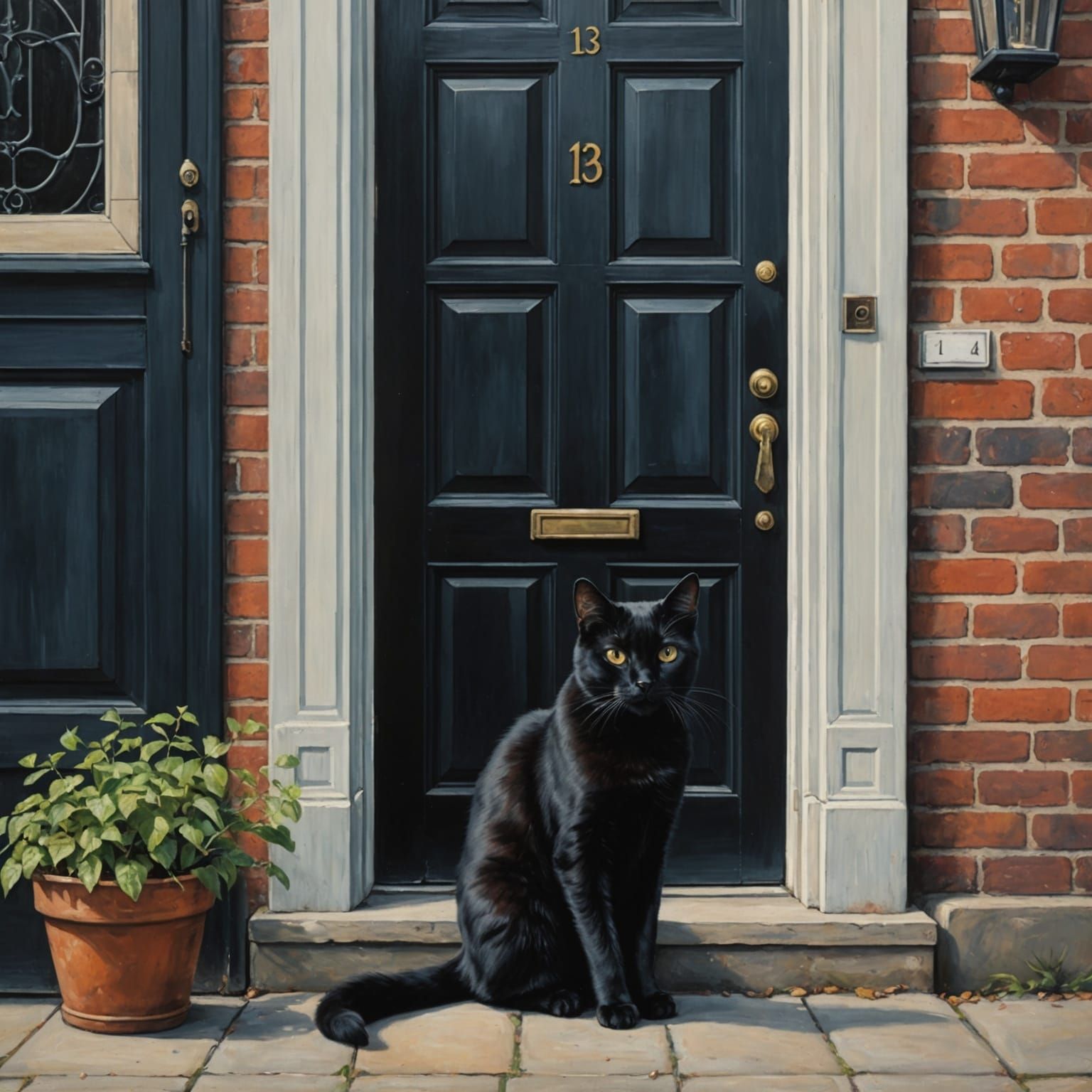 Black Cat at Door Number 13: Oil Painting