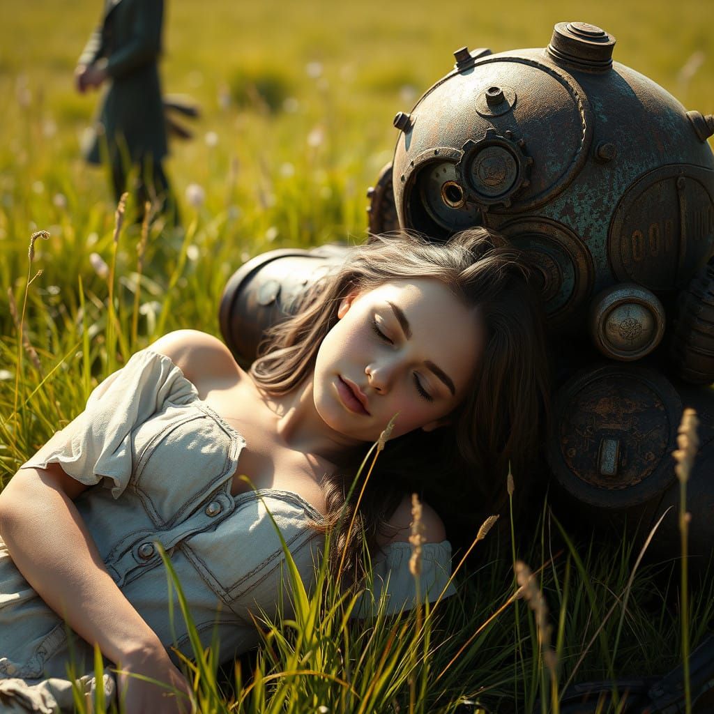 Steampunk Woman in Whimsical Field of Wonder