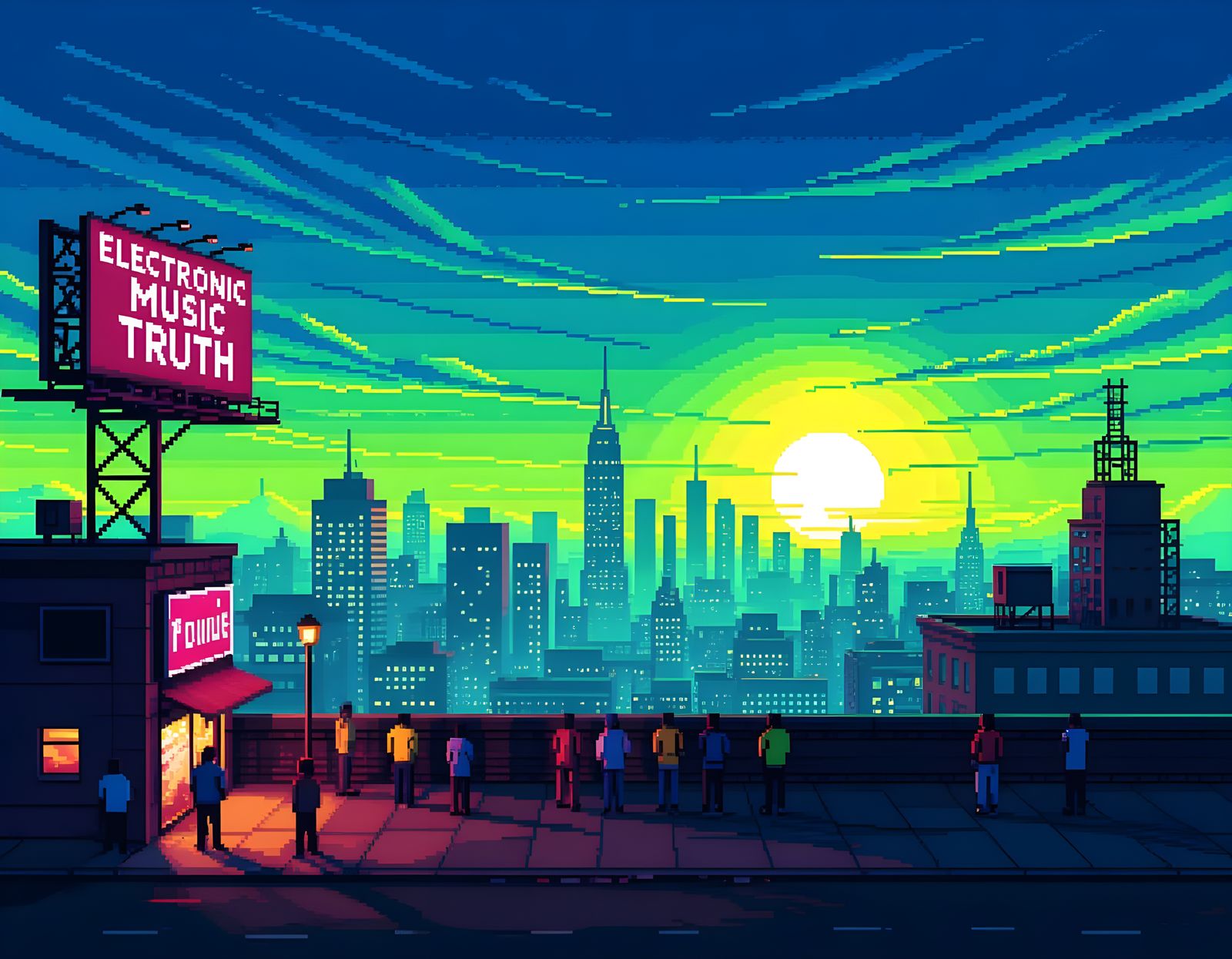 Pixel Art Beat'em Up Rooftop Scene at Sunrise