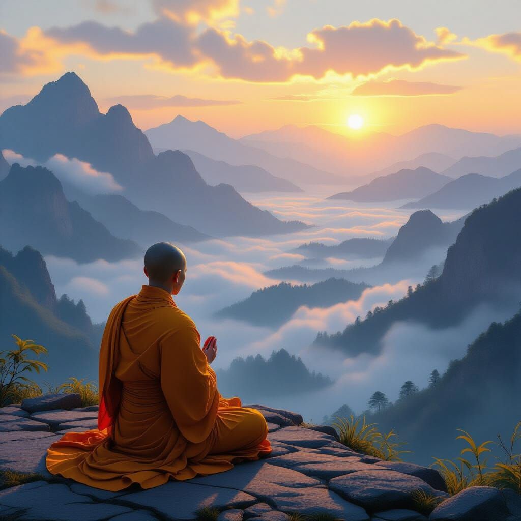 Serene Monk Ritual at Dawn on Misty Mountain Peak