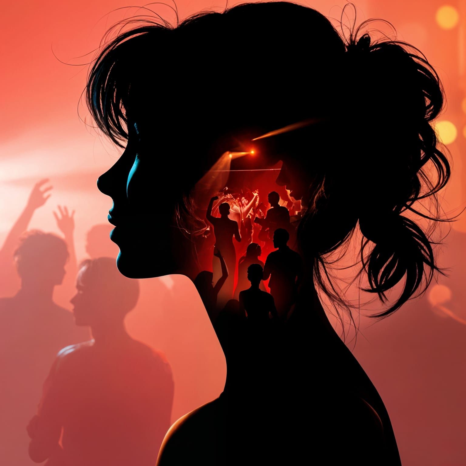 Vibrant Party Scene Silhouettes a Woman's Face
