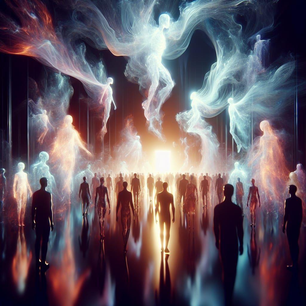 Ethereal Dreamscape: Holographic Skeletons in Spectral Light