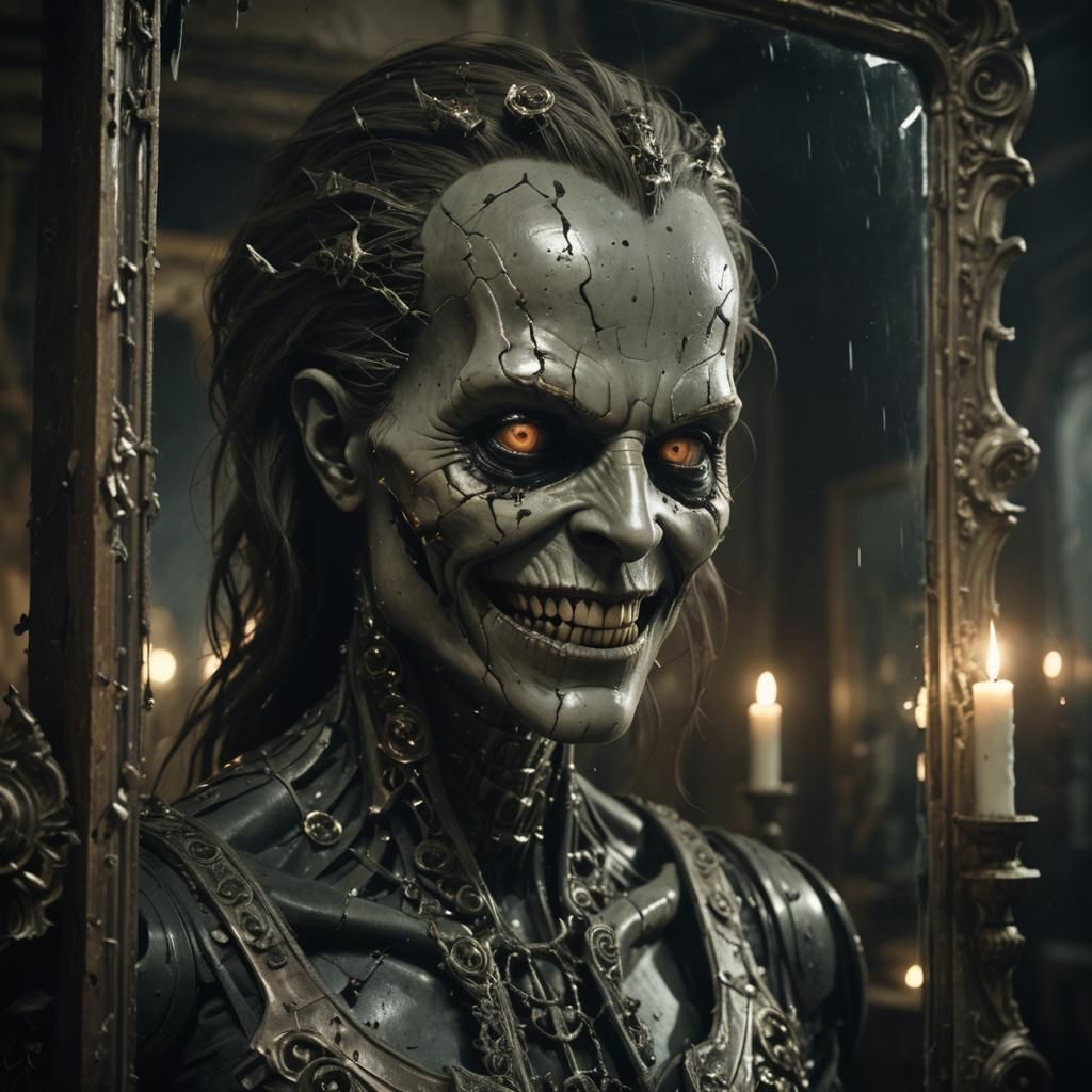 Ominous Figure Grinning in Shattered Mirror