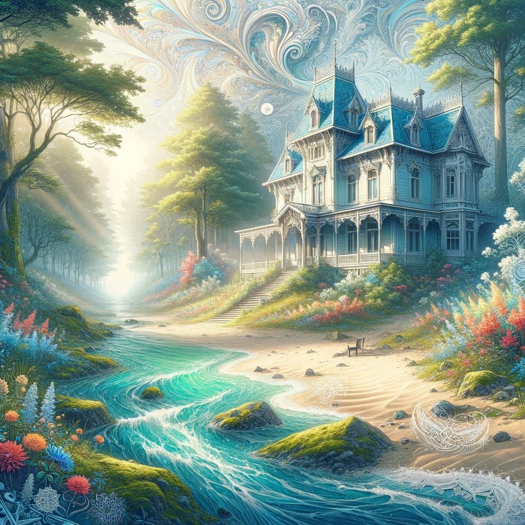 Victorian Mansion by Stream in Enchanted Forest