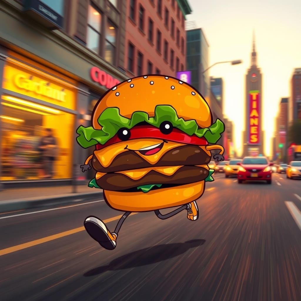 Anthropomorphic Burger Runs Through City Street