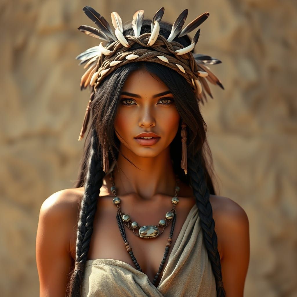 Beautiful woman dressed in 20000 B.C. fashion and wearing hairstyle 20000 B.C.