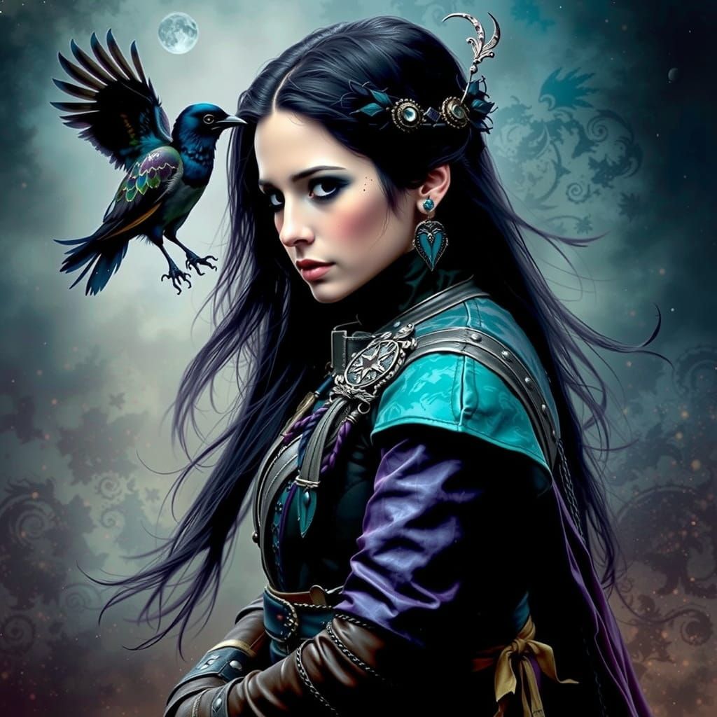 Mystical Raven-Haired Woman in Dark Fantasy Style
