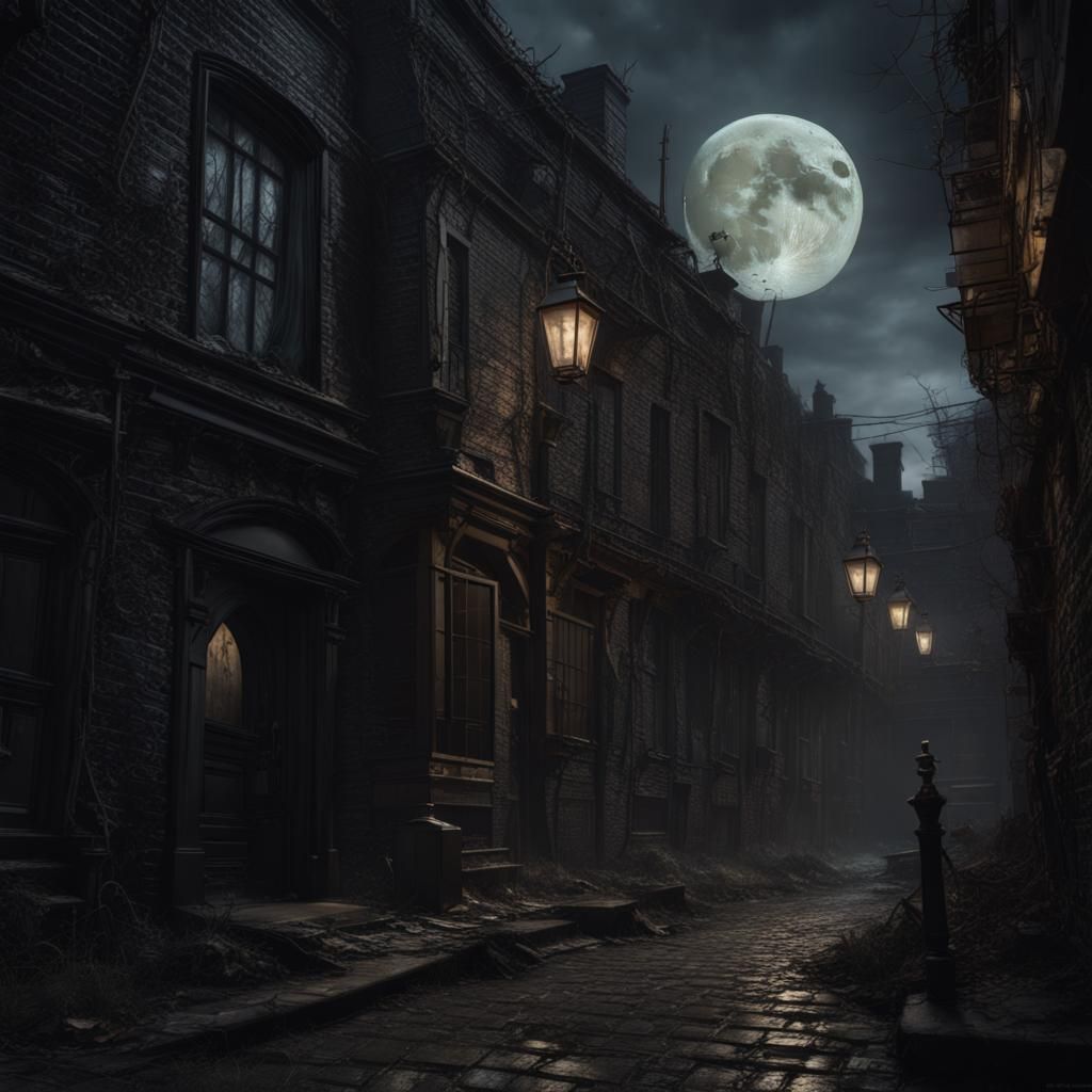 Creepy Shadow in Victorian Alleyway Horror Art