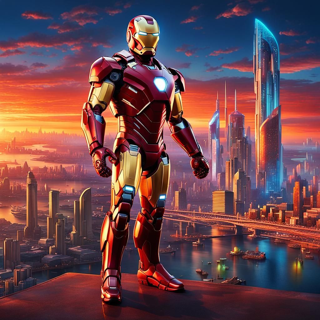 Iron Man Smiles over Futuristic Cityscape