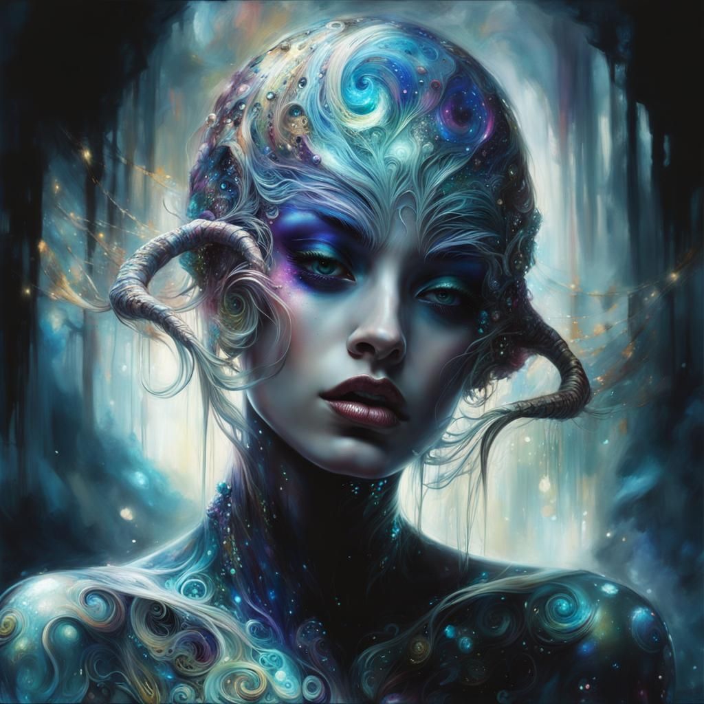 Creepy Alien with Iridescent Eyes in Ethereal Style