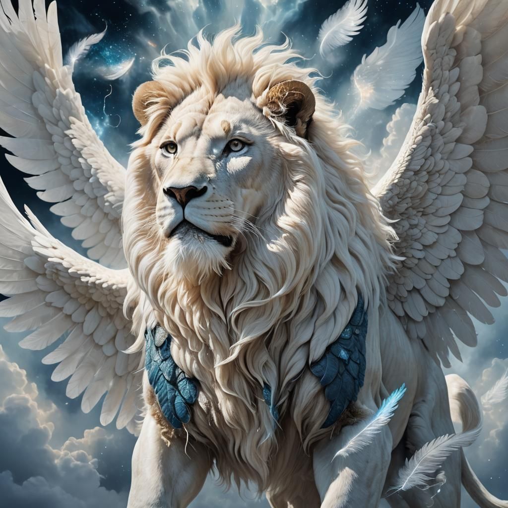Majestic White Lion Soaring Above Luminous Clouds