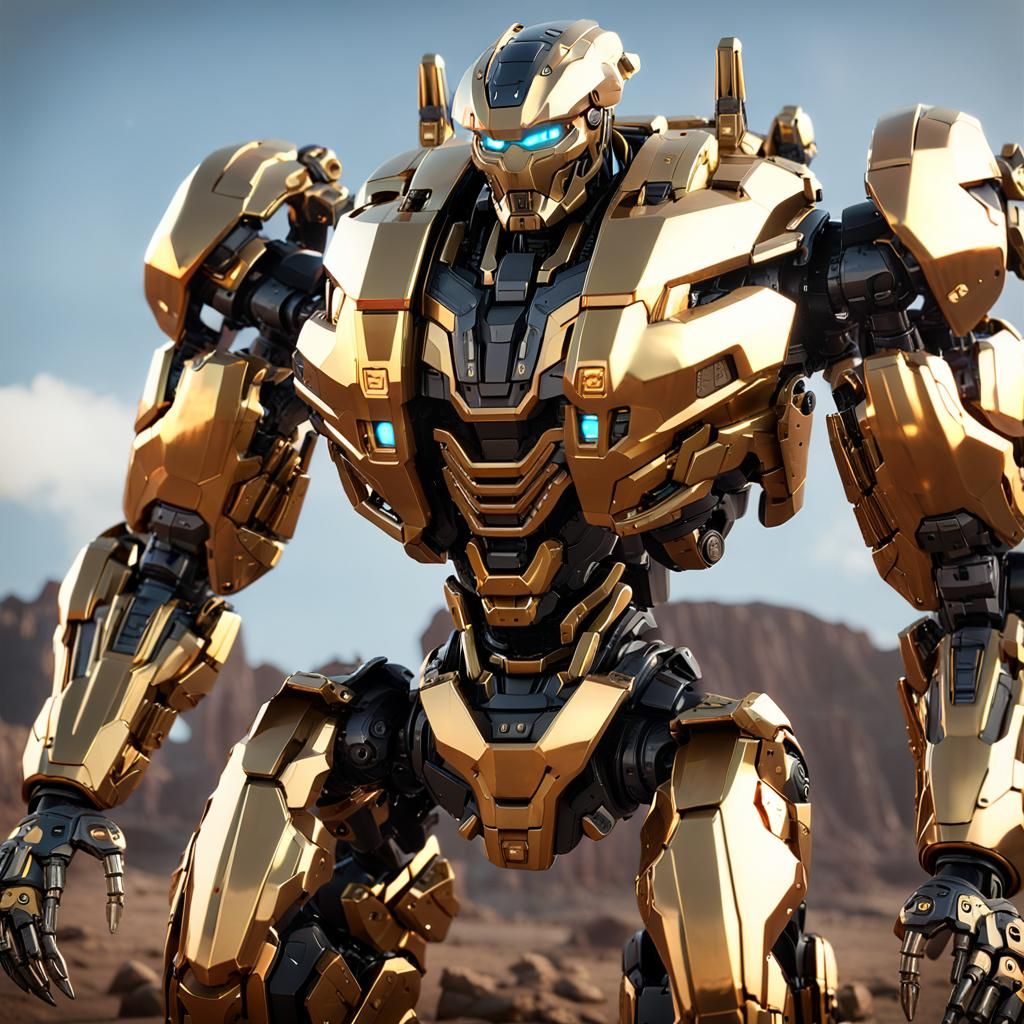 Futuristic Gold Assault Mech Robot in 8K