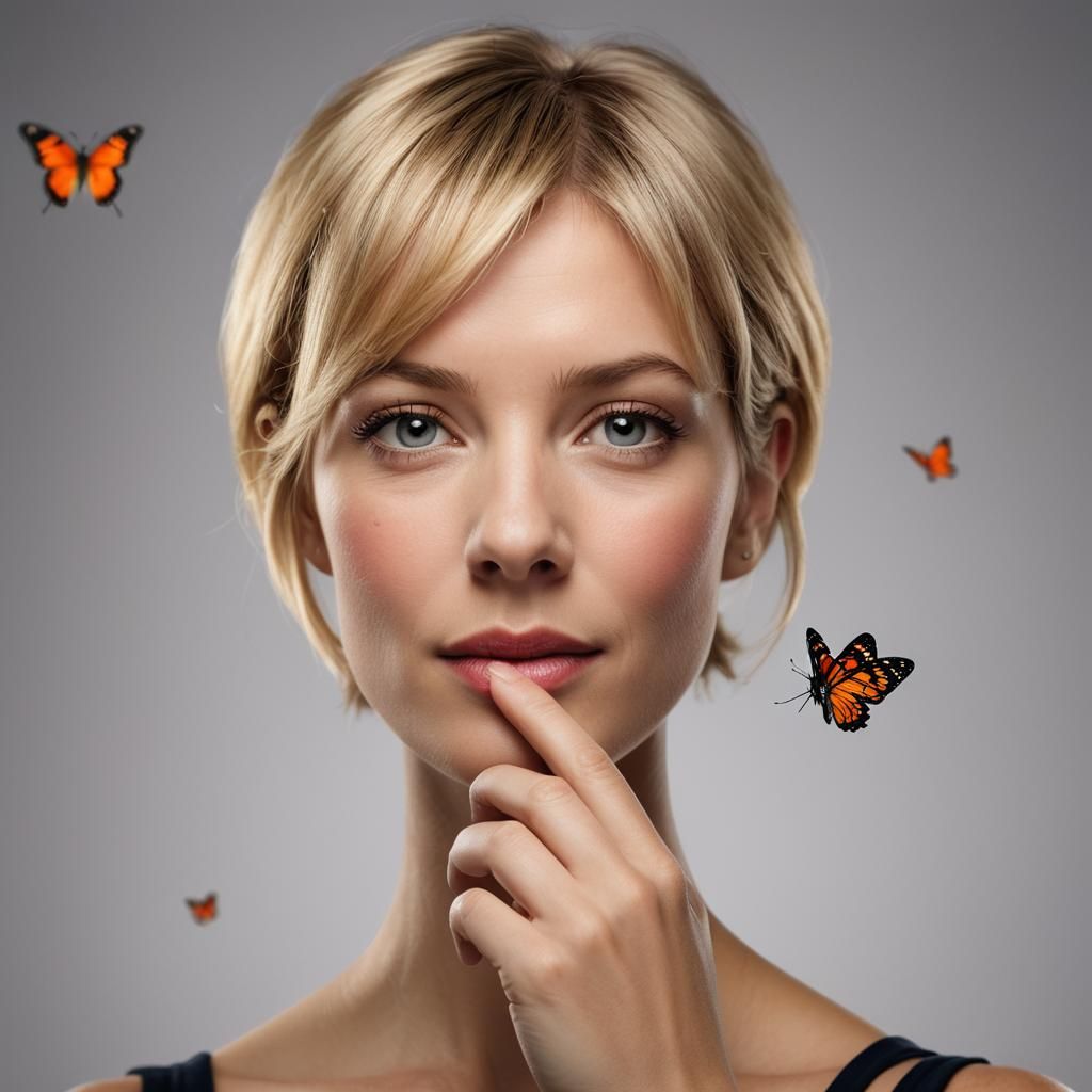 Blond Woman with Butterfly Portrait in Vibrant Colors