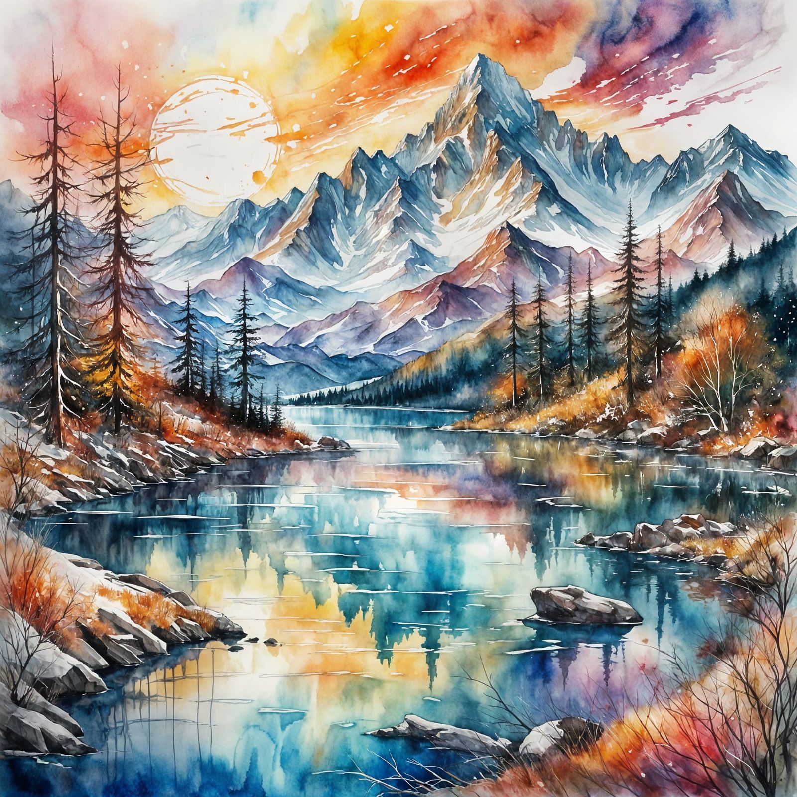 Sunset Mountainscape in Watercolor Style
