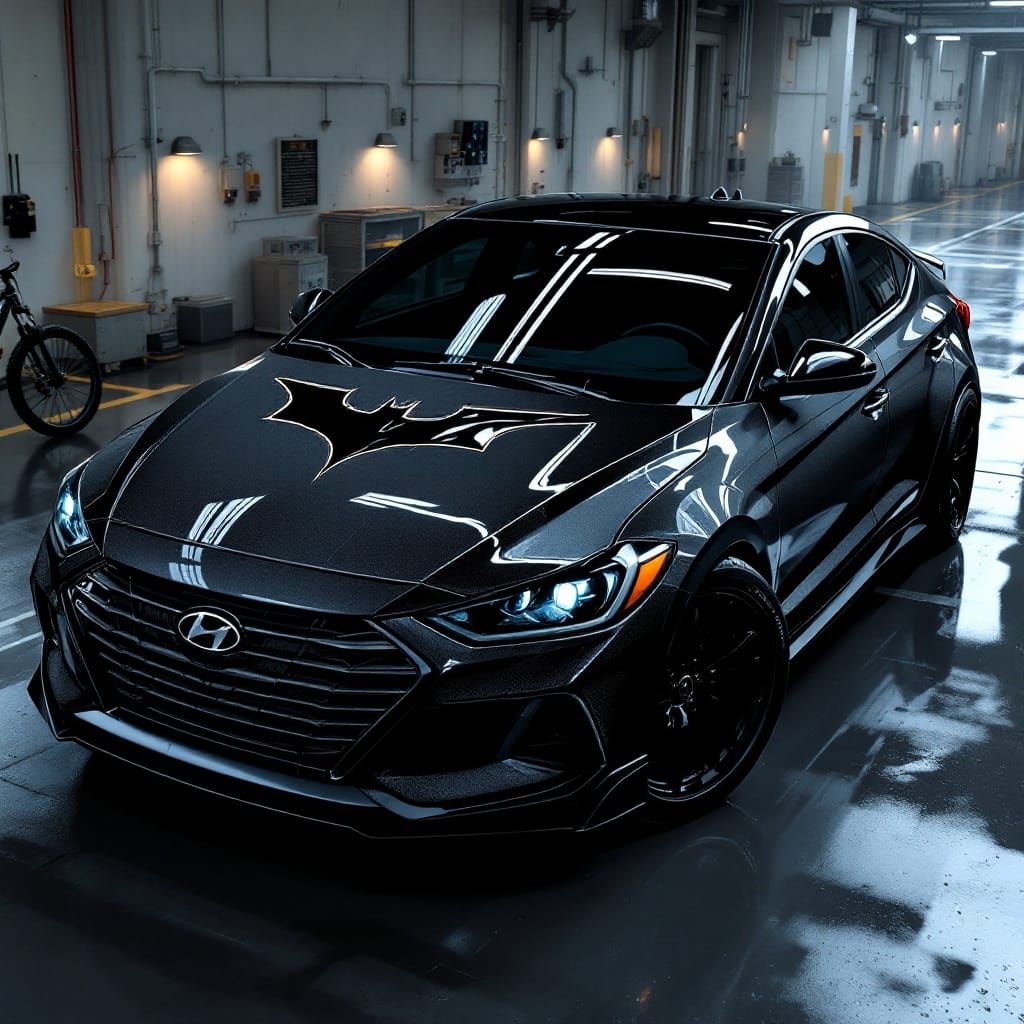 Custom Hyundai Elantra with Batman Logo in Dystopian Realism