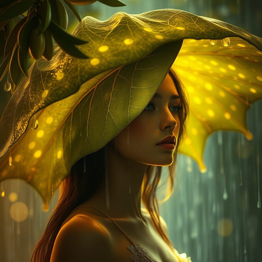 Luminous Leaf Shelters Woman: Art Nouveau Portrait