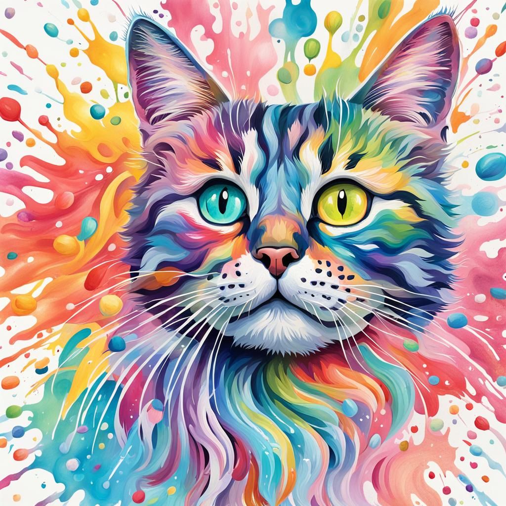 Pastel Rainbow Cat Head in Gouache Swirls