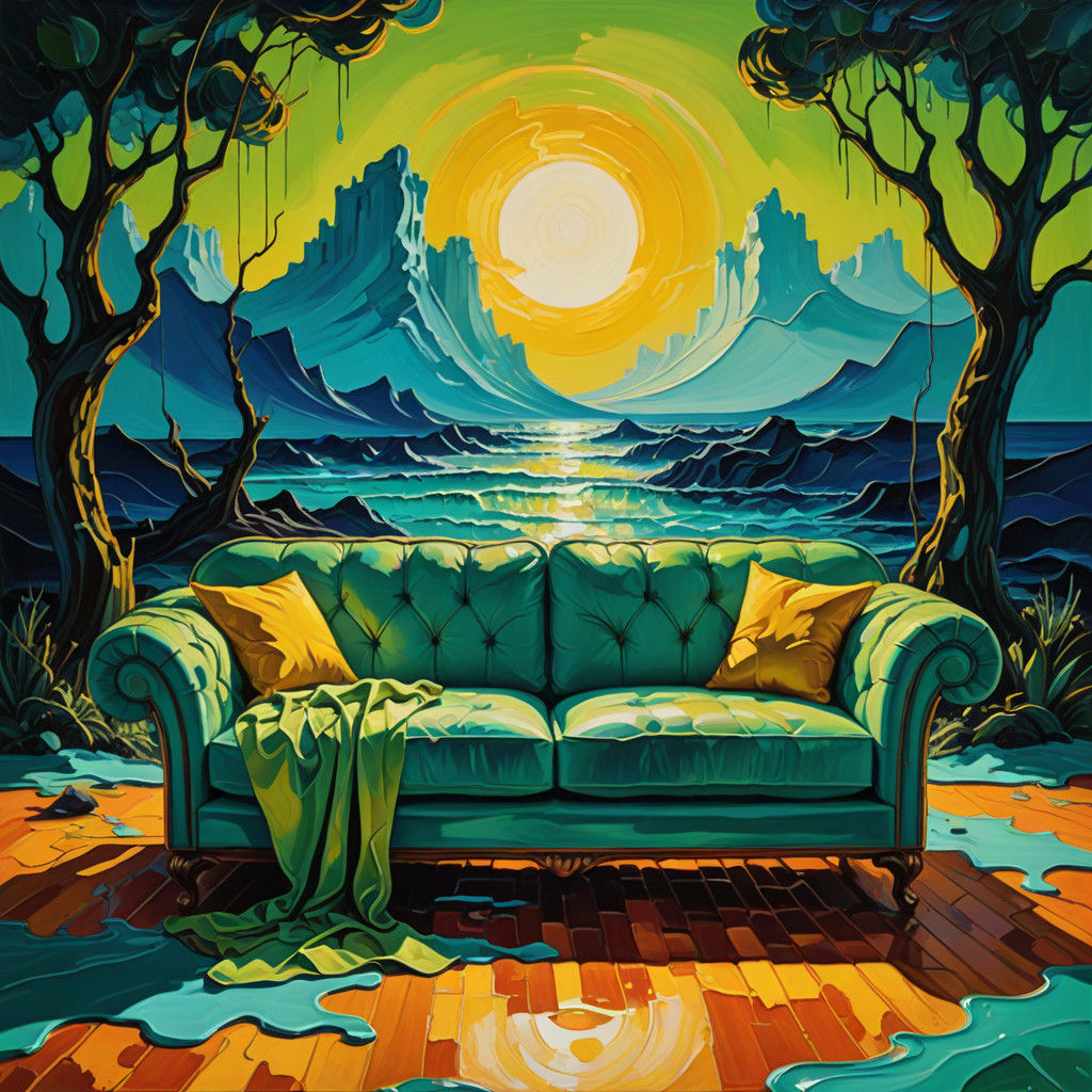 Dreamlike Surrealist Couch Melting in Vibrant Electric Green...
