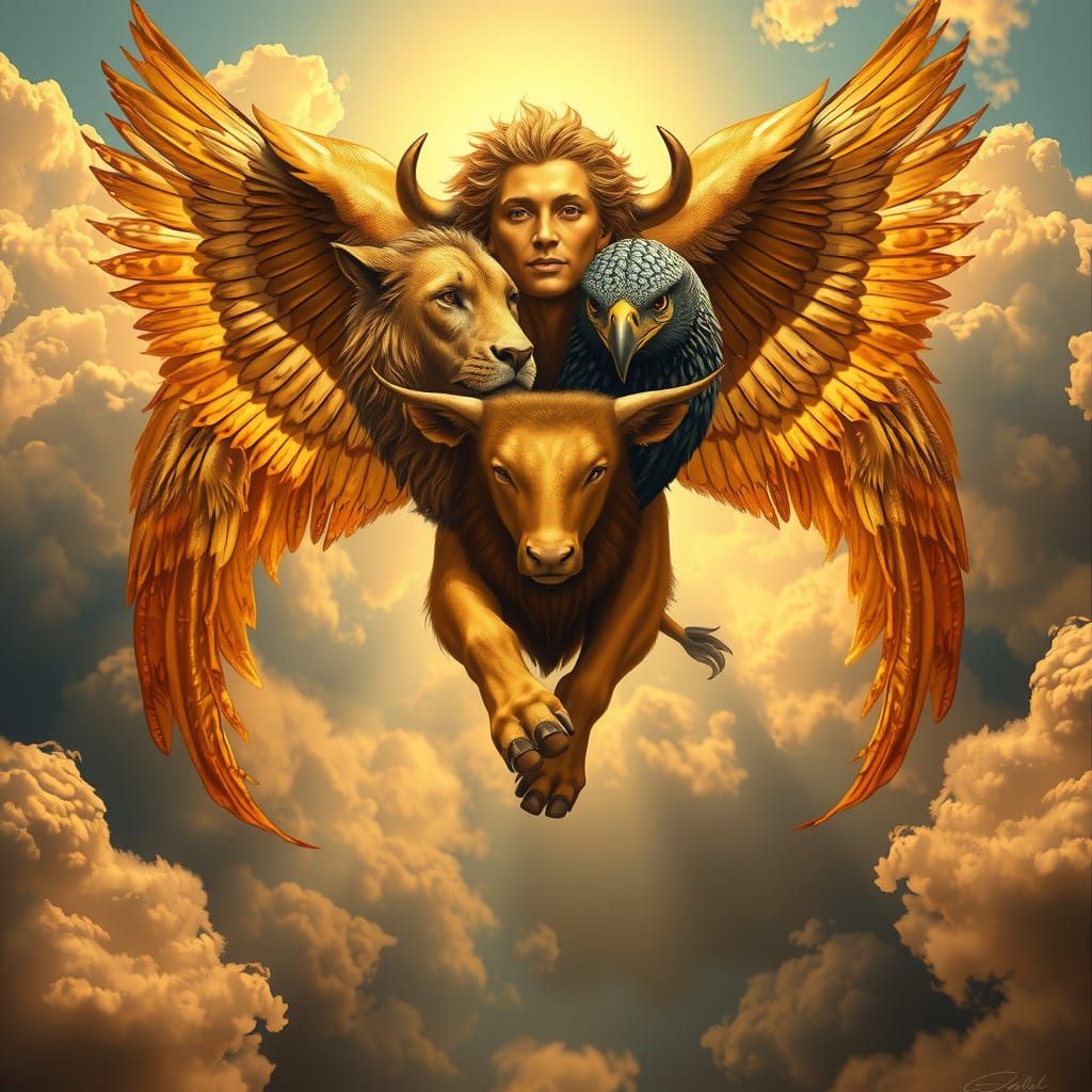 Angel with Four Faces and Iridescent Wings in Heavenly Glow