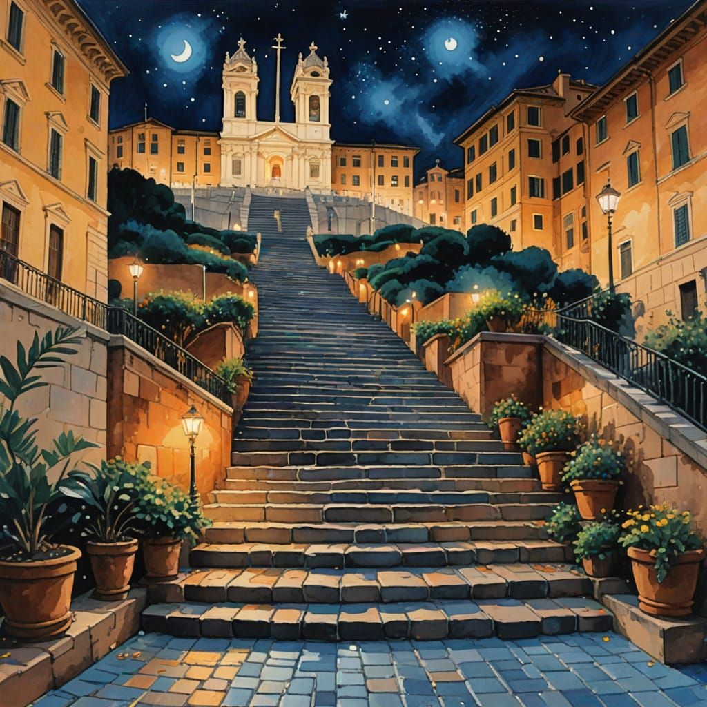 Night at Spanish Steps: Gouache Impasto Digital Art