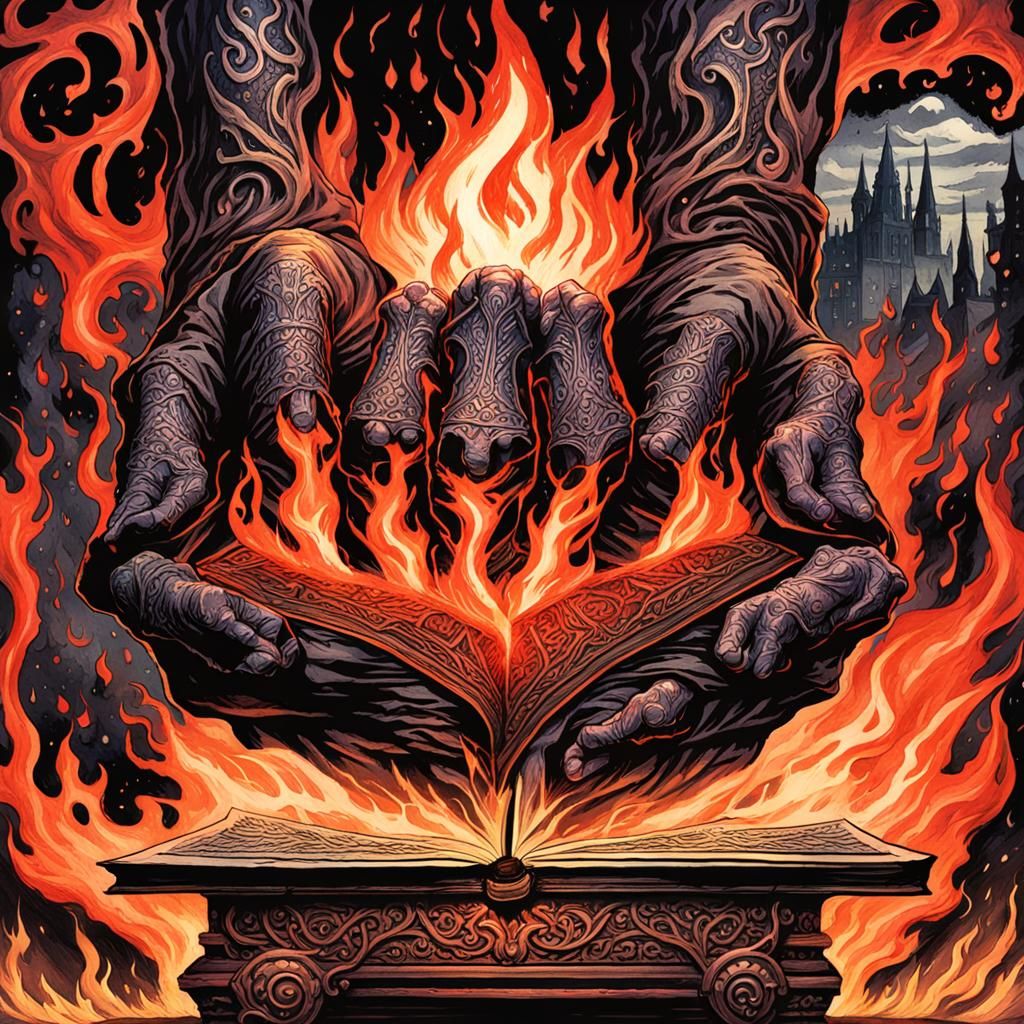 Enchanted Grimoire Ablaze: Gothic Dark Fantasy in Gouache