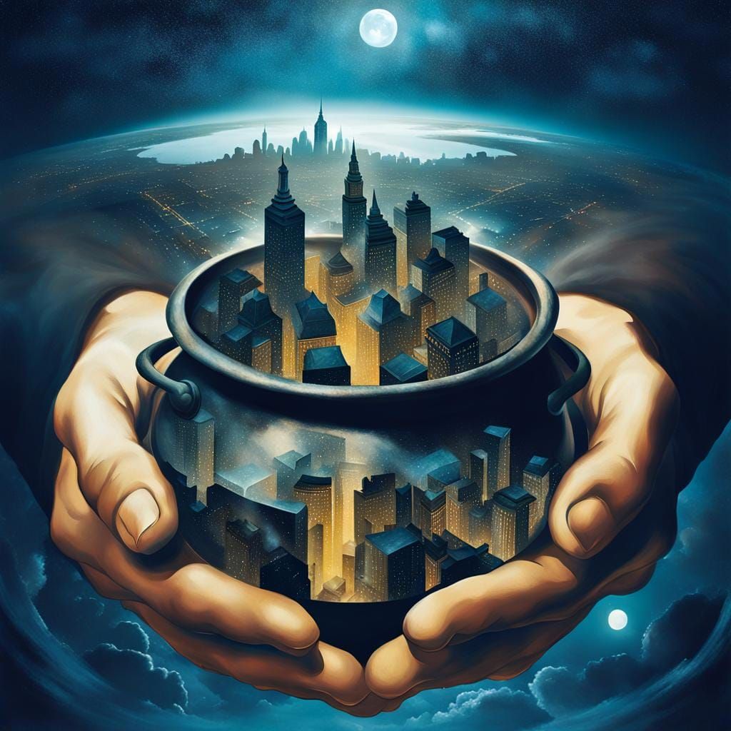 Surreal Cityscape in a Cauldron, Inspired by Masters of Drea...
