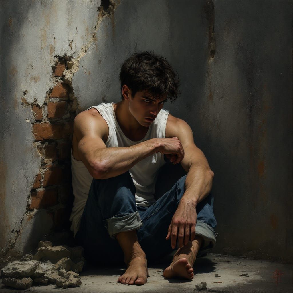 Realistic Portrait of Young Man with Worried Expression
