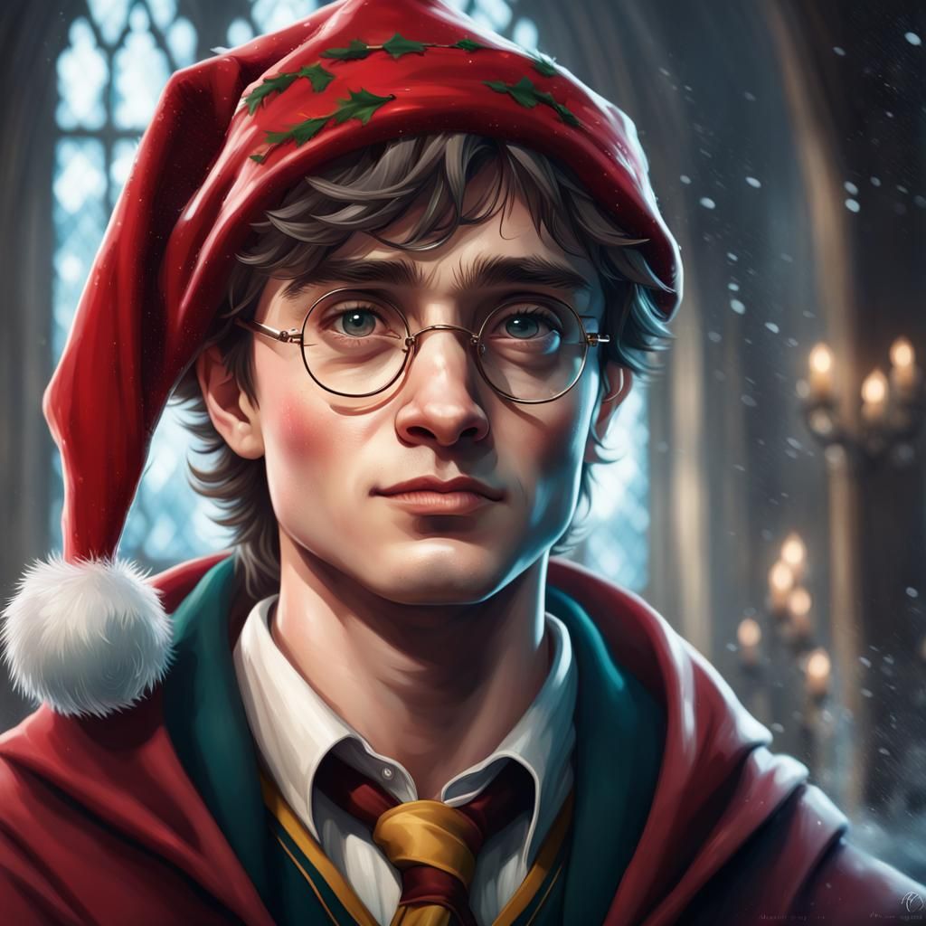 Harry Potter Portrait with Christmas Hat